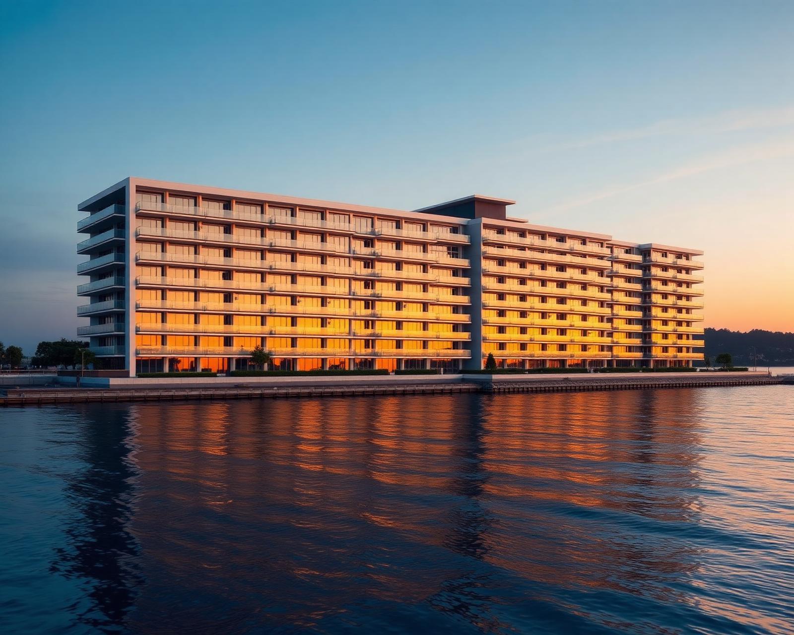 Modern waterfront apartment building at golden hour